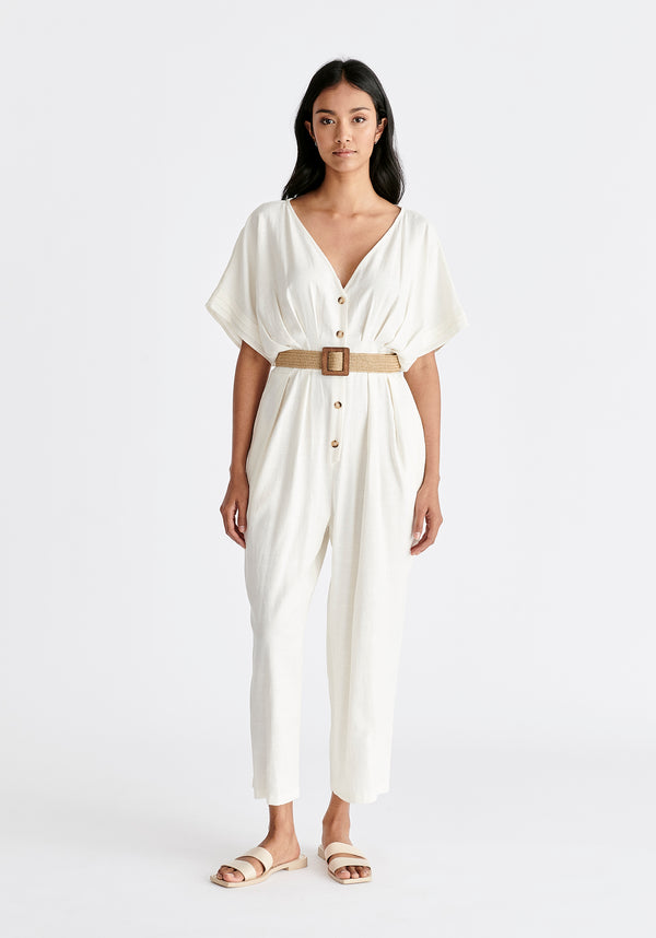 Linen Blend Button Jumpsuit in White