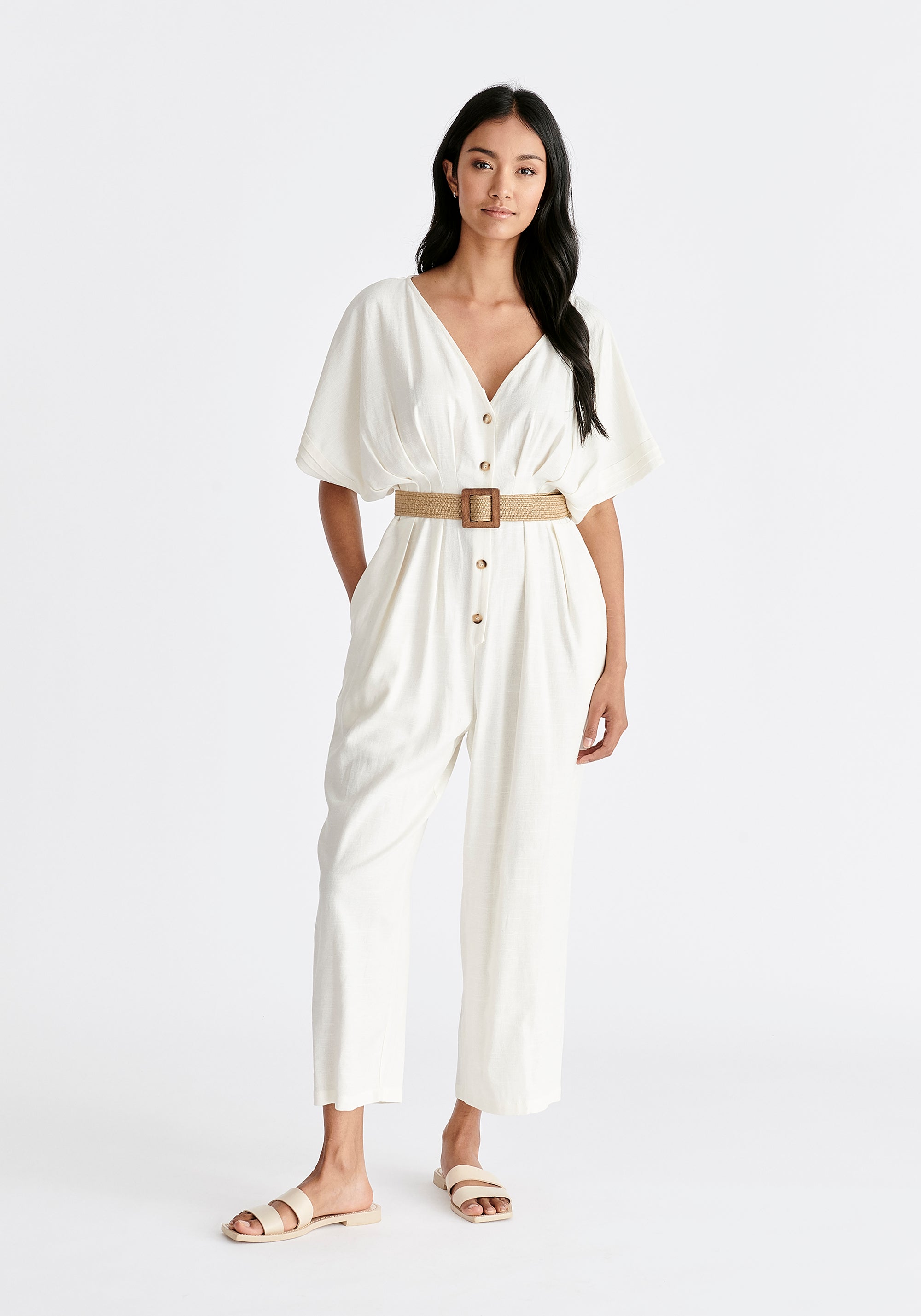 Linen Blend Button Jumpsuit in White