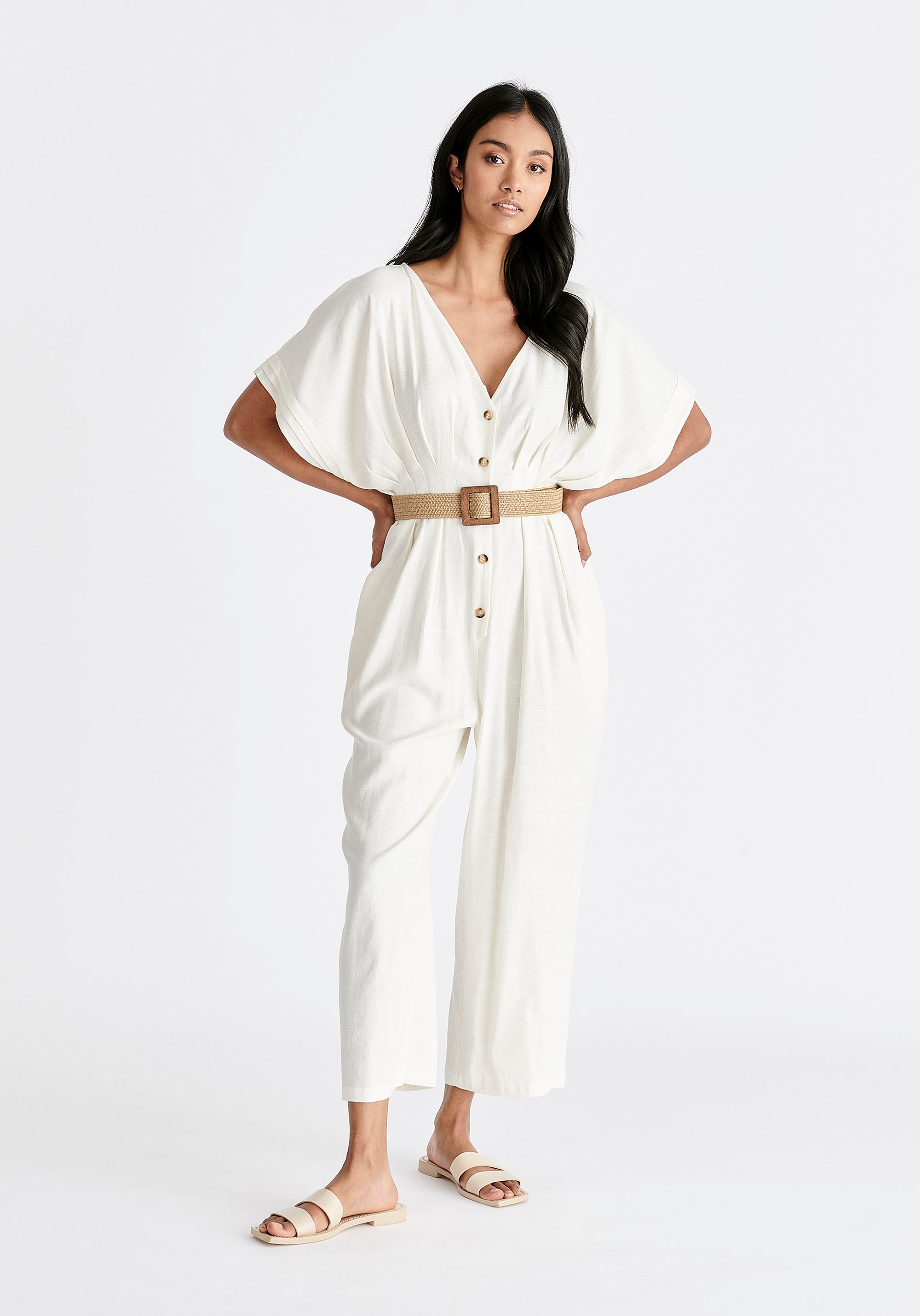 Linen Blend Button Jumpsuit in White
