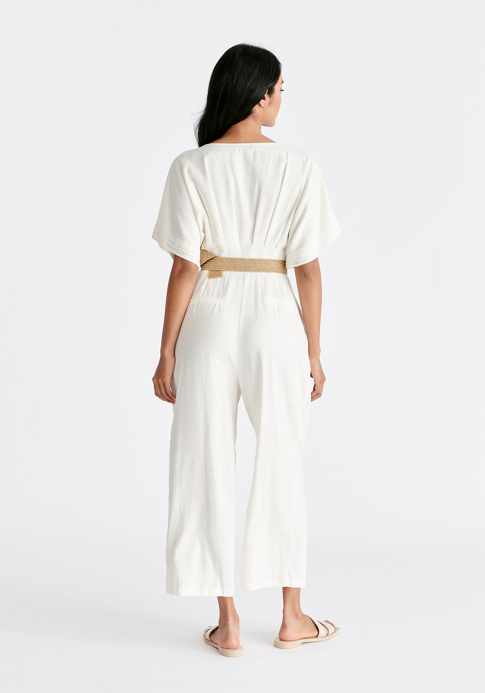 Linen Blend Button Jumpsuit in White Back
