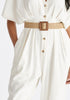 Linen Blend Button Jumpsuit in White Close Up