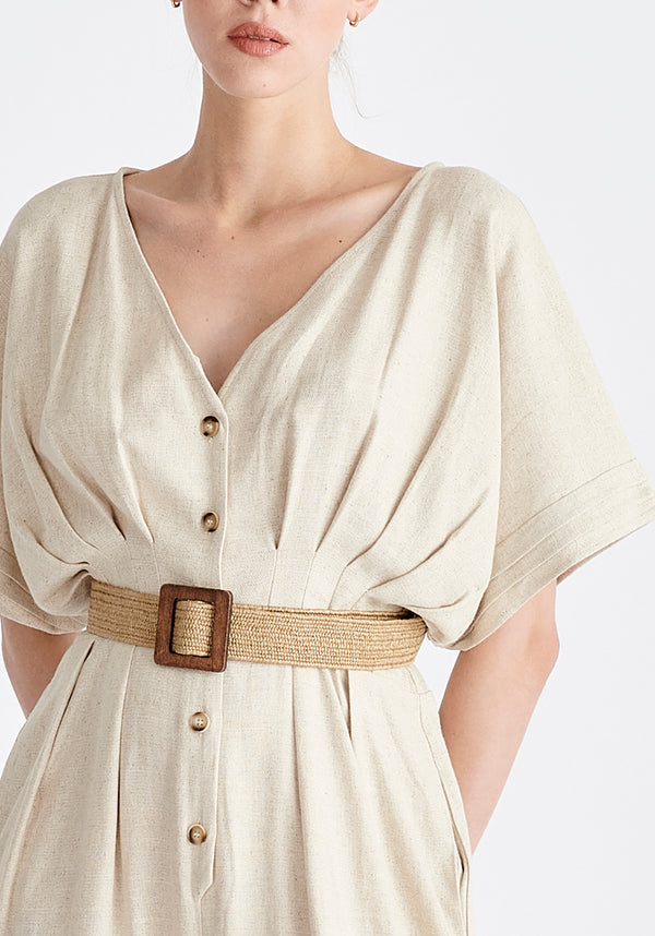 Linen Blend Button Jumpsuit in Oatmeal Close Up