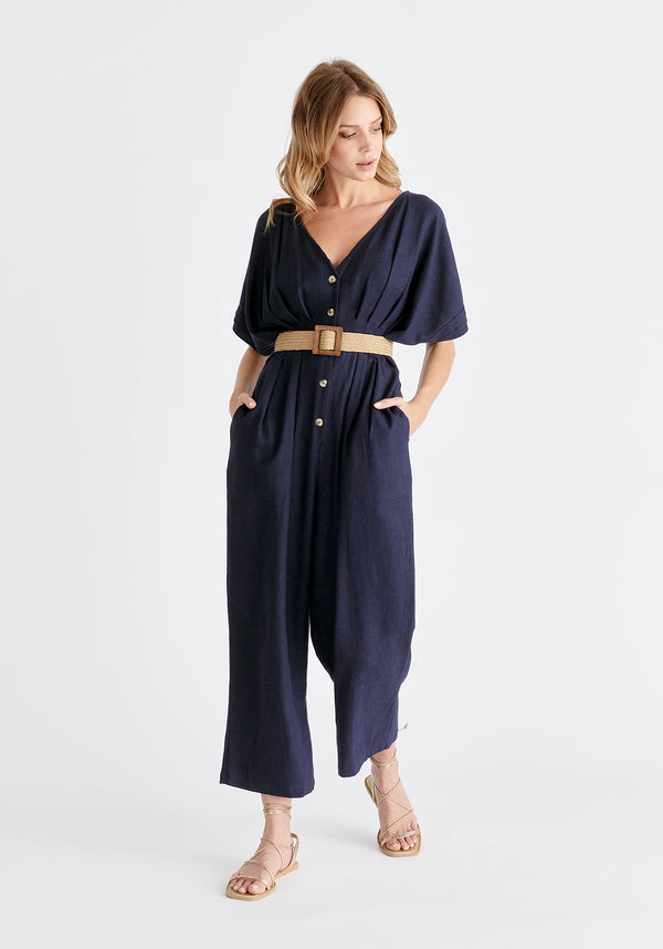 Linen Blend Button Jumpsuit in Navy