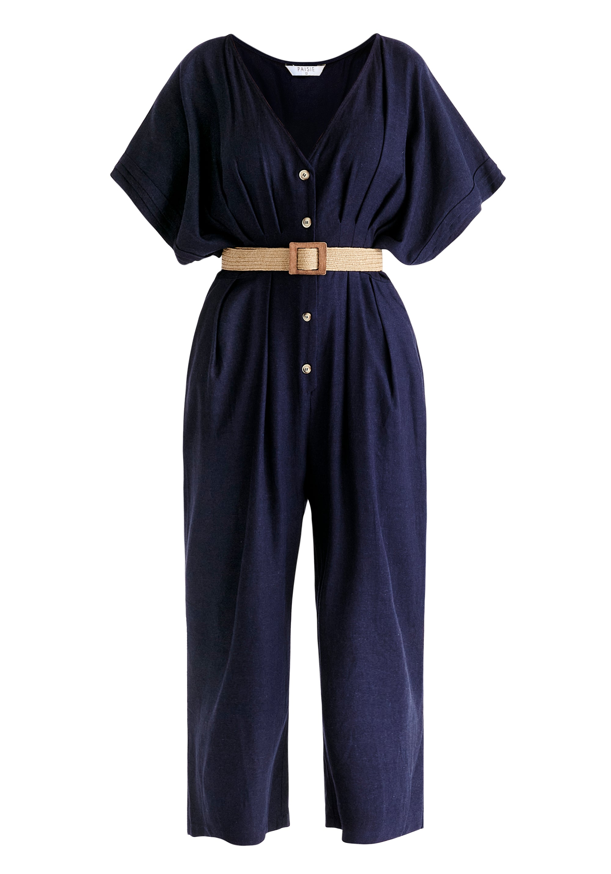 Linen Blend Button Jumpsuit in Navy Cut Out