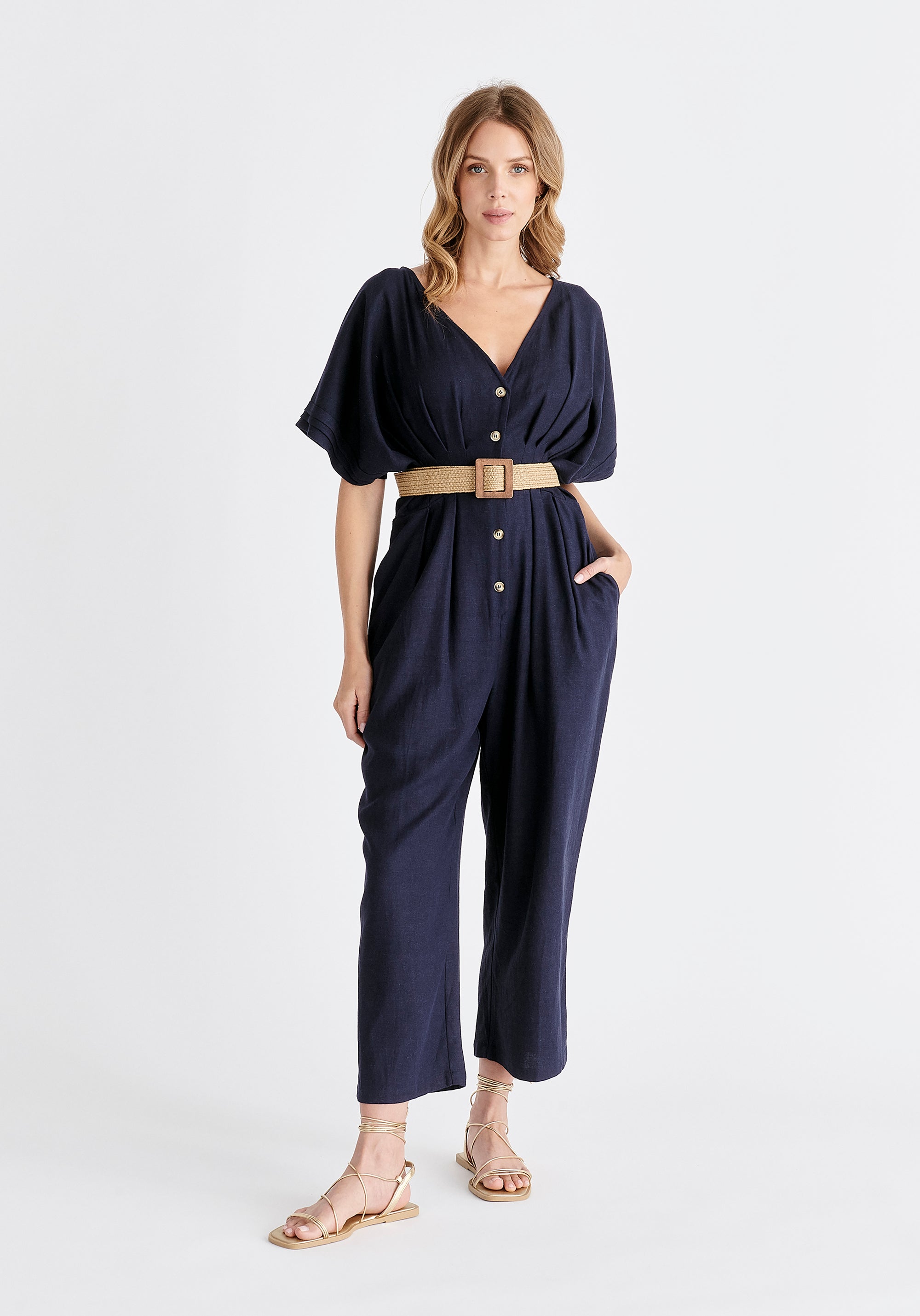 Linen Blend Button Jumpsuit in Navy