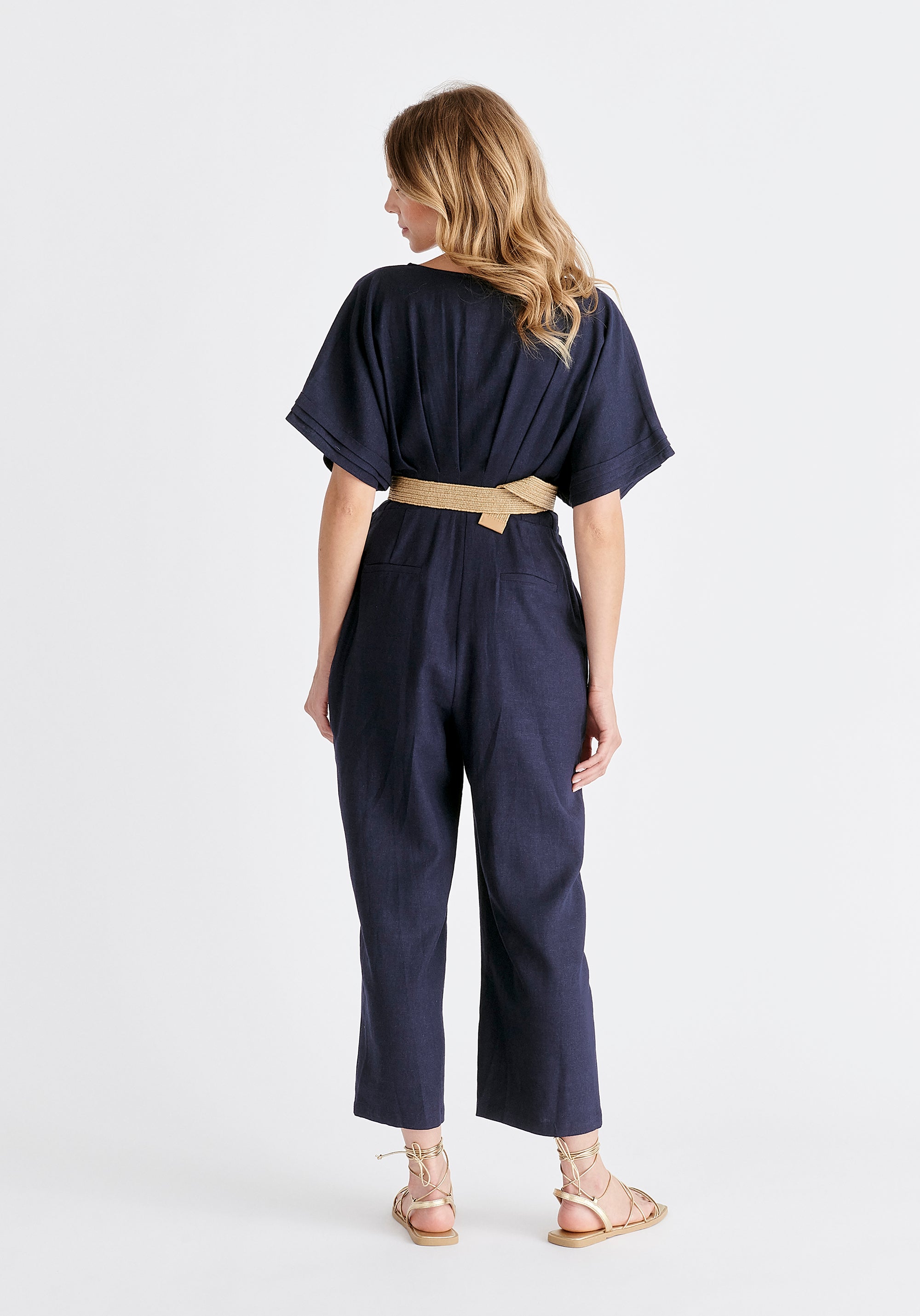Linen Blend Button Jumpsuit in Navy Back