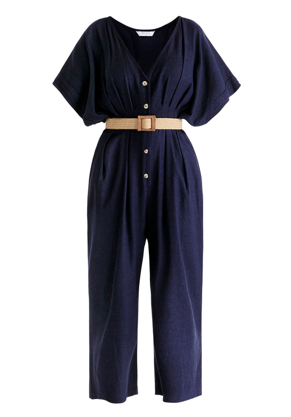 Linen Blend Button Jumpsuit in Navy Cut Out