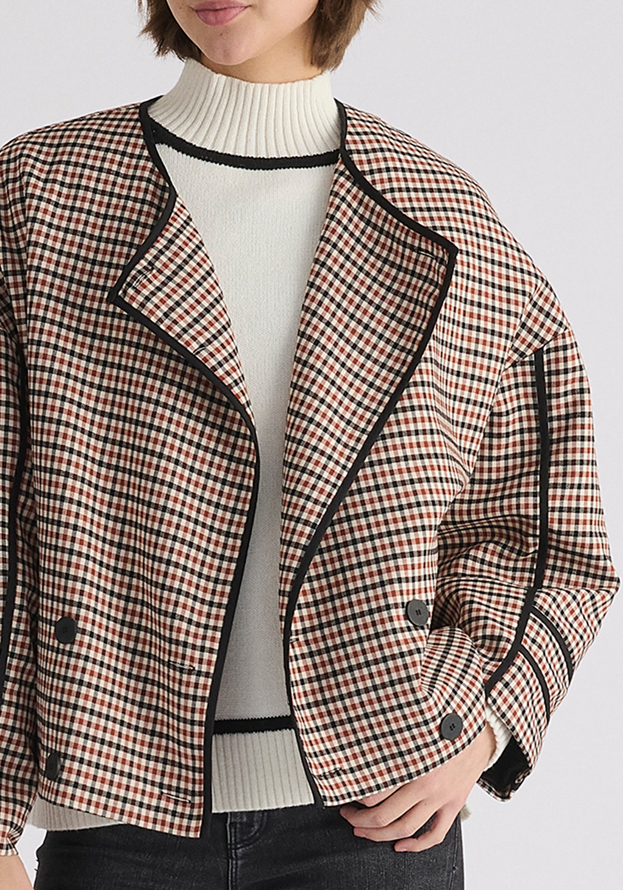 Double Breasted Check Jacket with Matching Scarf in Red, White and Black Close Up