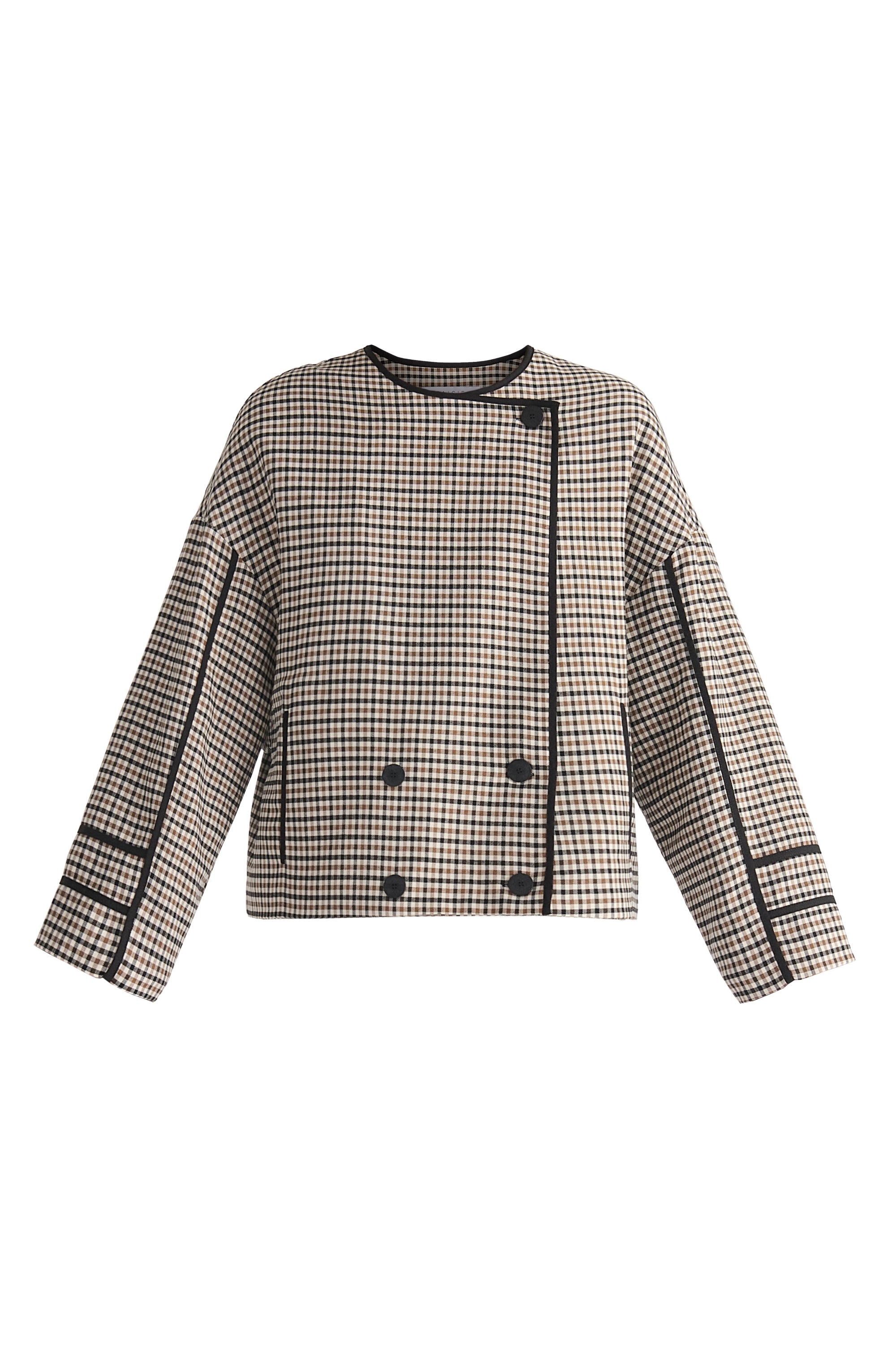 Double Breasted Check Jacket with Matching Scarf in Brown, White and Black Cut Out