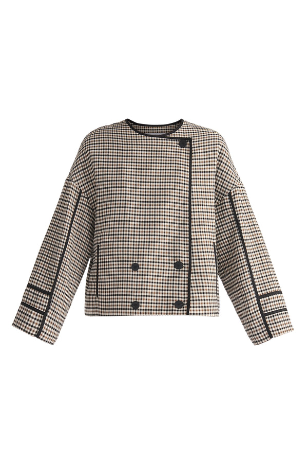 Double Breasted Check Jacket with Matching Scarf in Brown, White and Black Cut Out