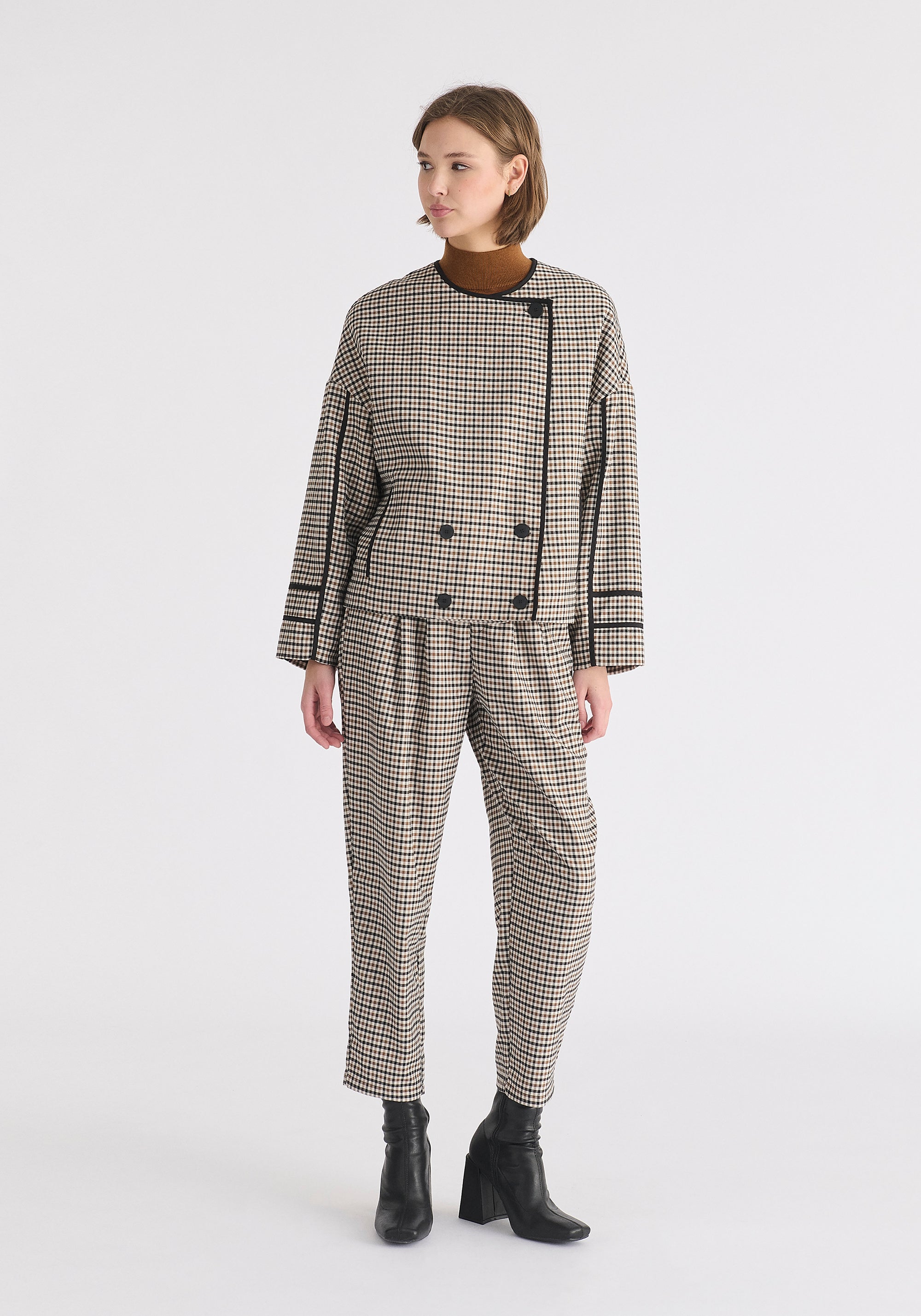 Double Breasted Check Jacket with Matching Scarf in Brown, White and Black Front