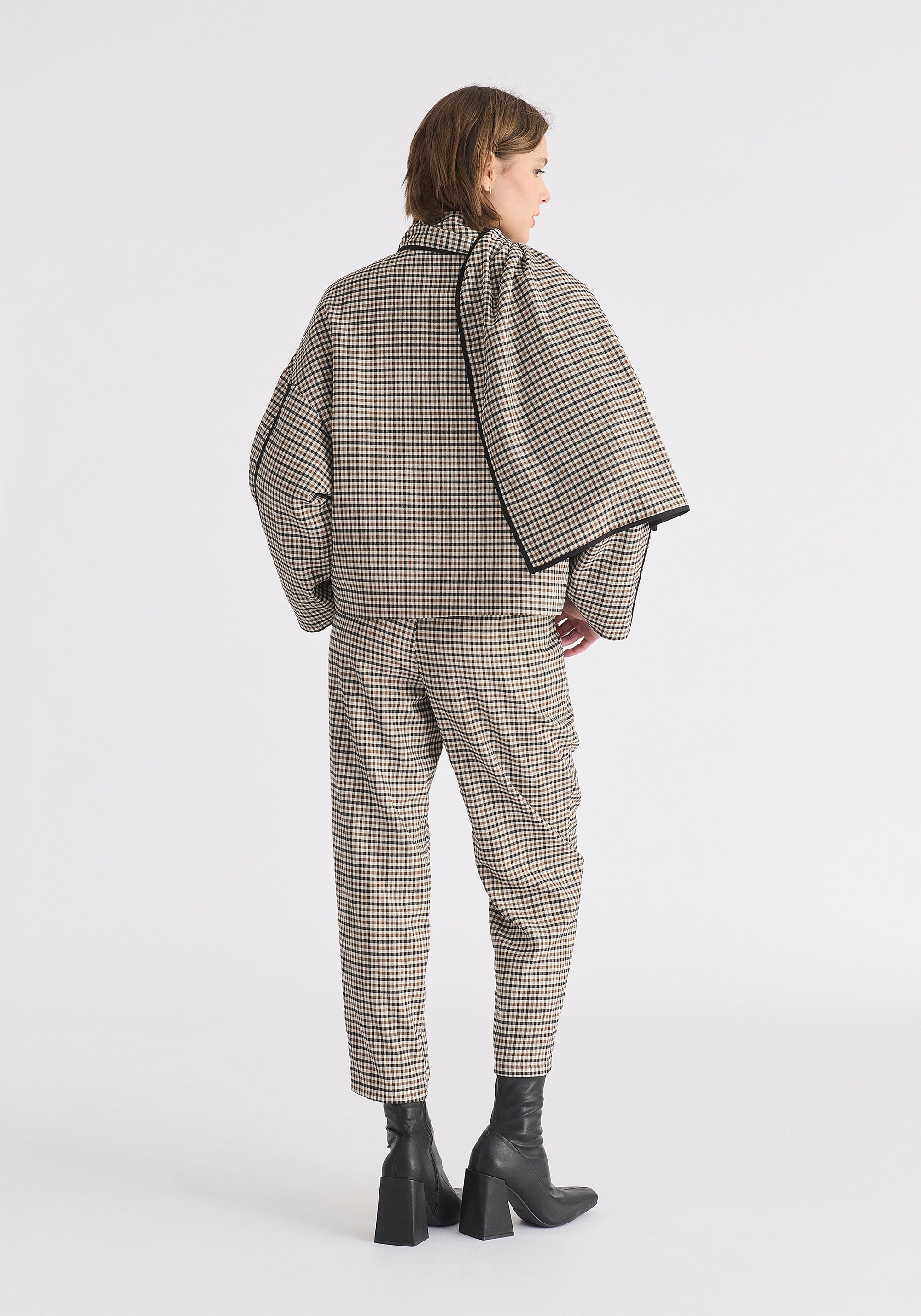 Double Breasted Check Jacket with Matching Scarf in Brown, White and Black Back