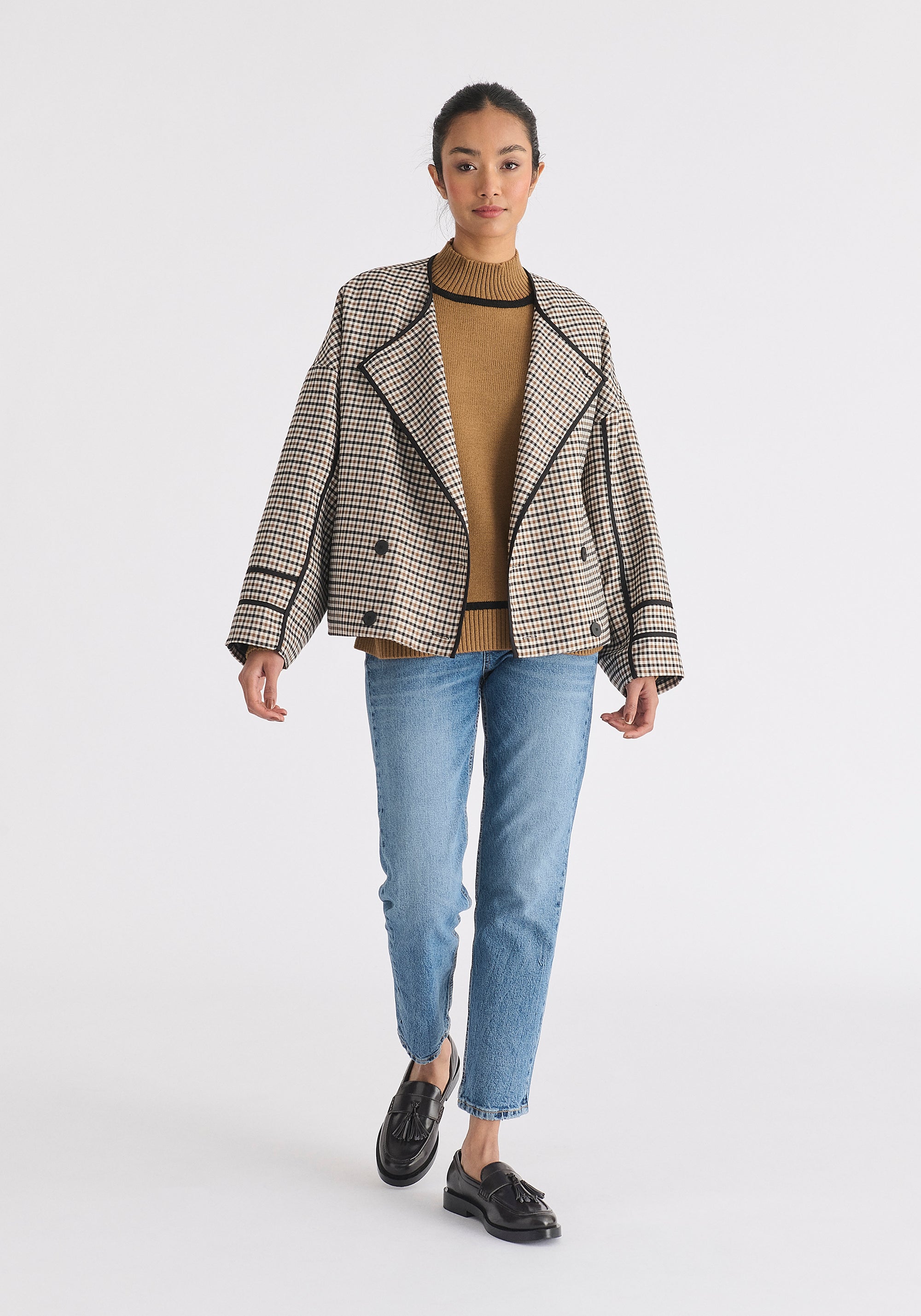 Double Breasted Check Jacket with Matching Scarf in Brown, White and Black Front