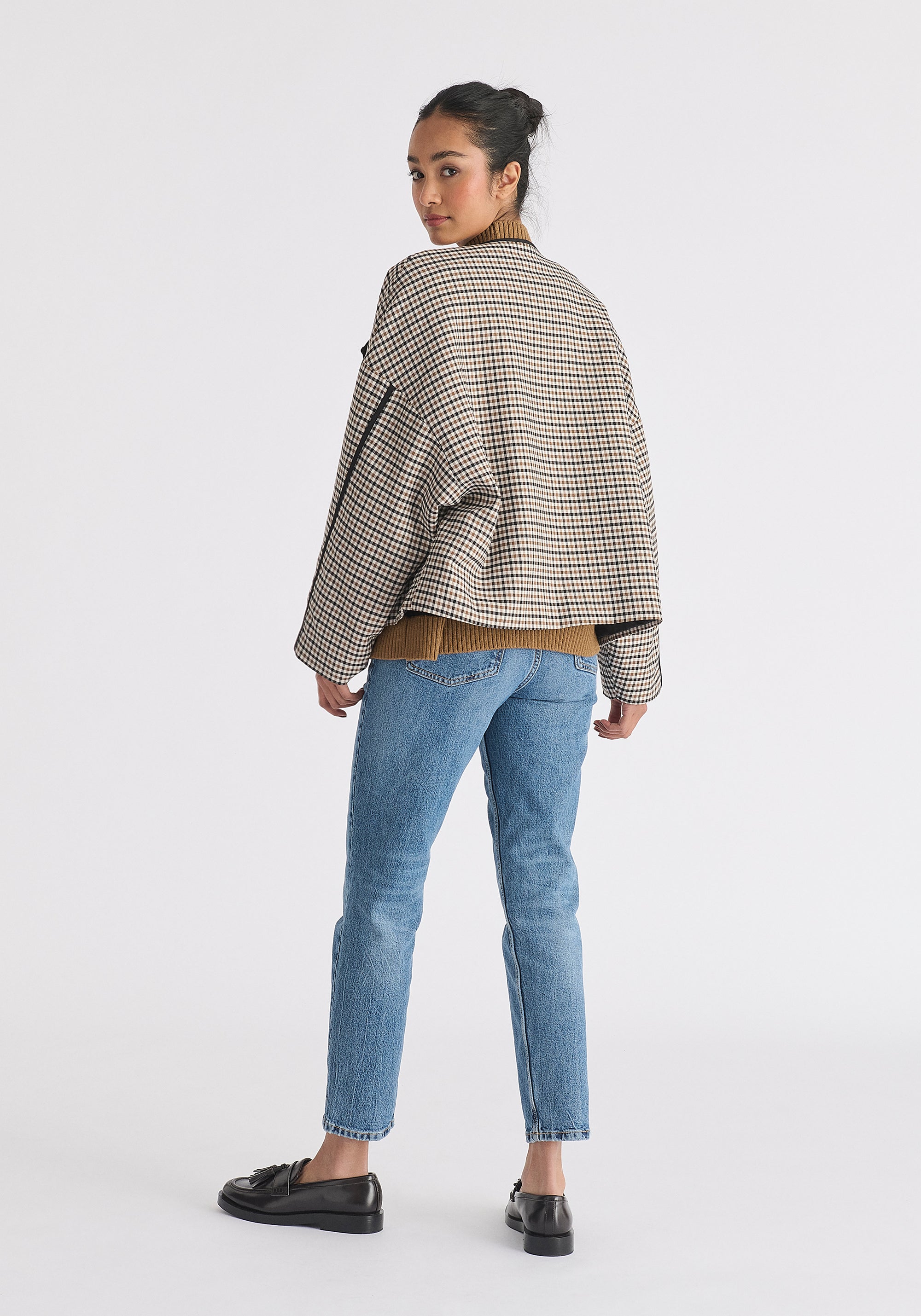 Double Breasted Check Jacket with Matching Scarf in Brown, White and Black Back