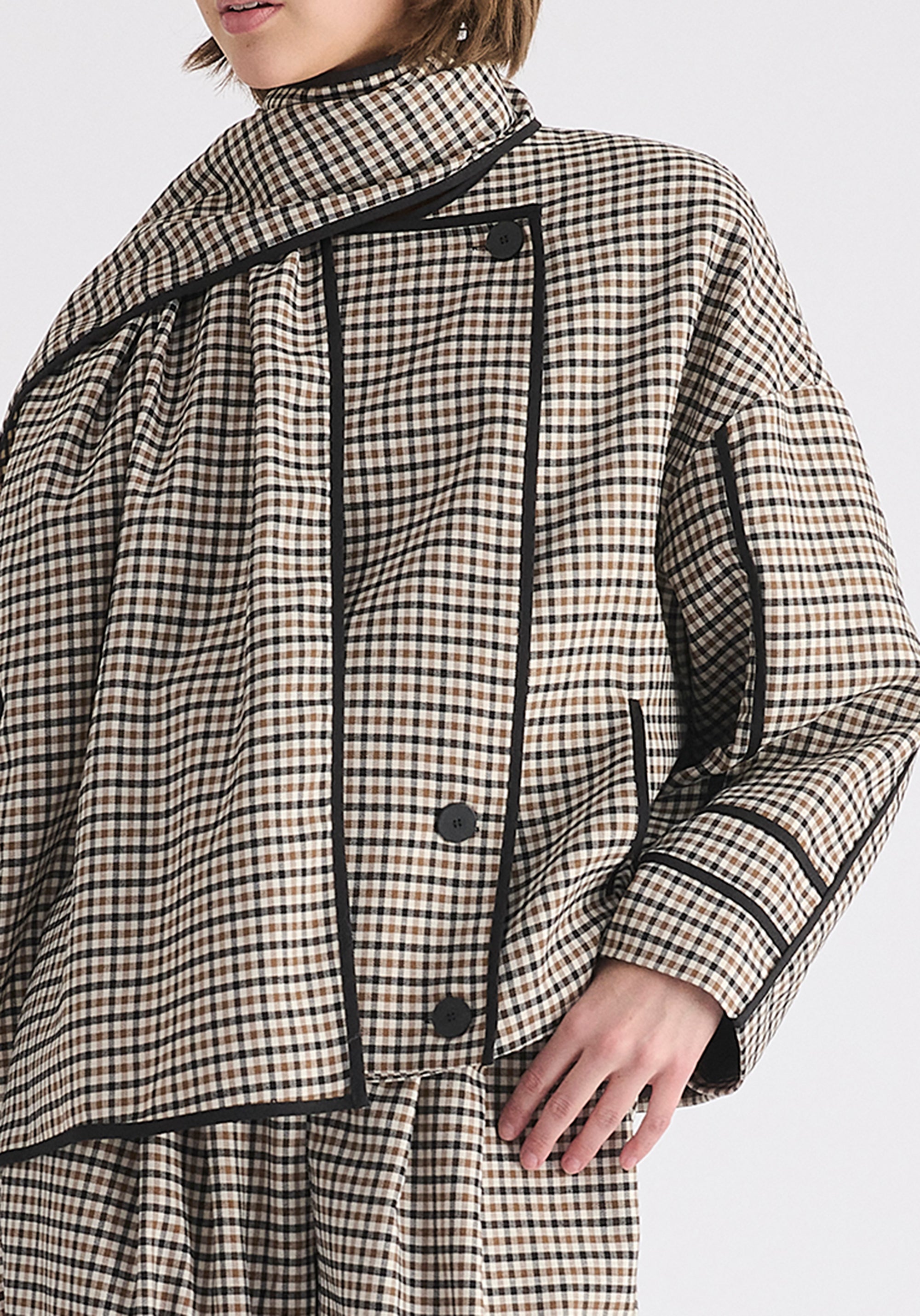 Double Breasted Check Jacket with Matching Scarf in Brown, White and Black Close Up