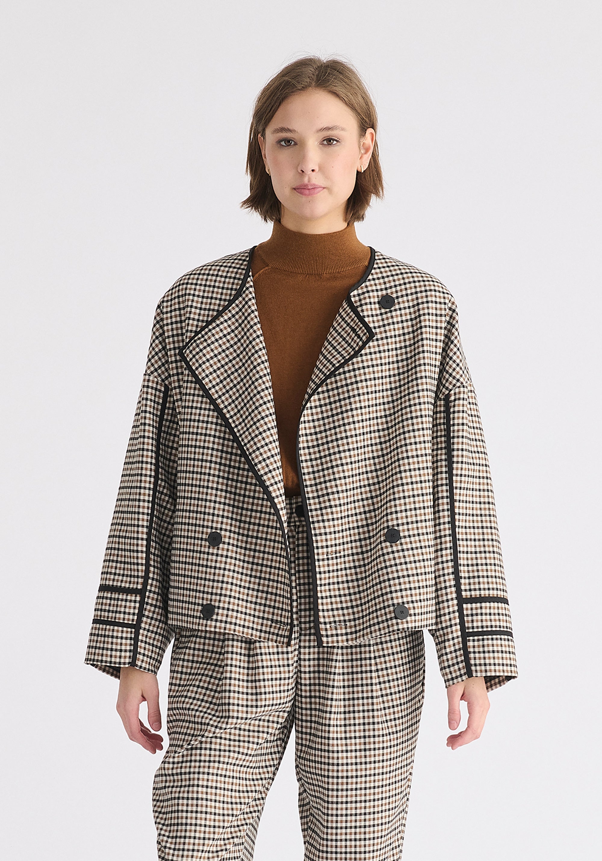 Double Breasted Check Jacket with Matching Scarf in Brown, White and Black