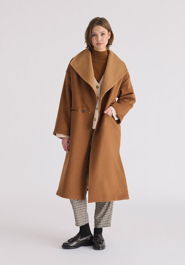 Two-Tone Double Breasted Wool Blend Coat in Brown