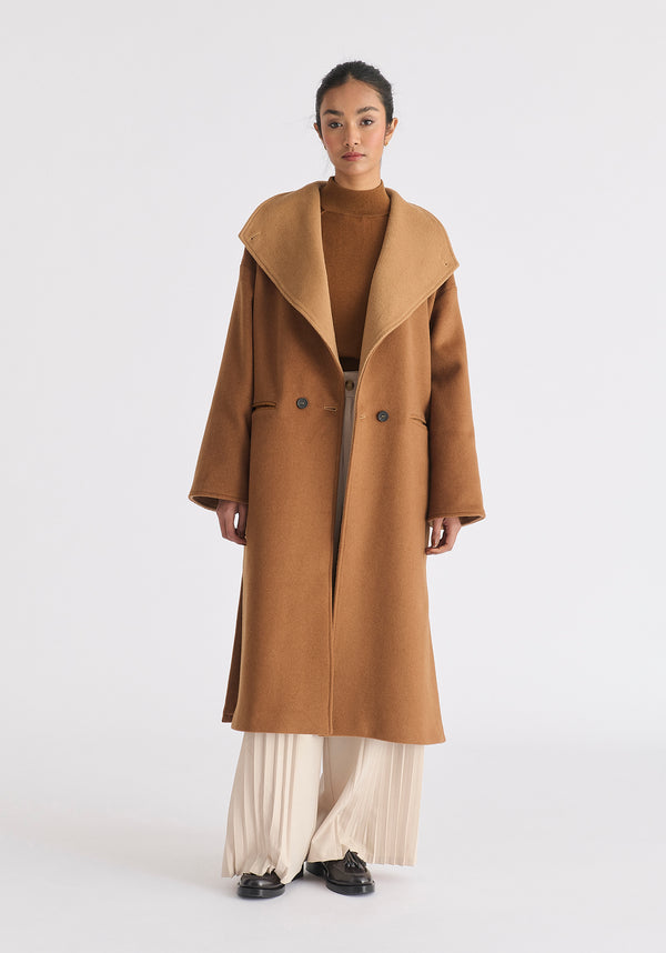 Two-Tone Double Breasted Wool Blend Coat in Brown Front