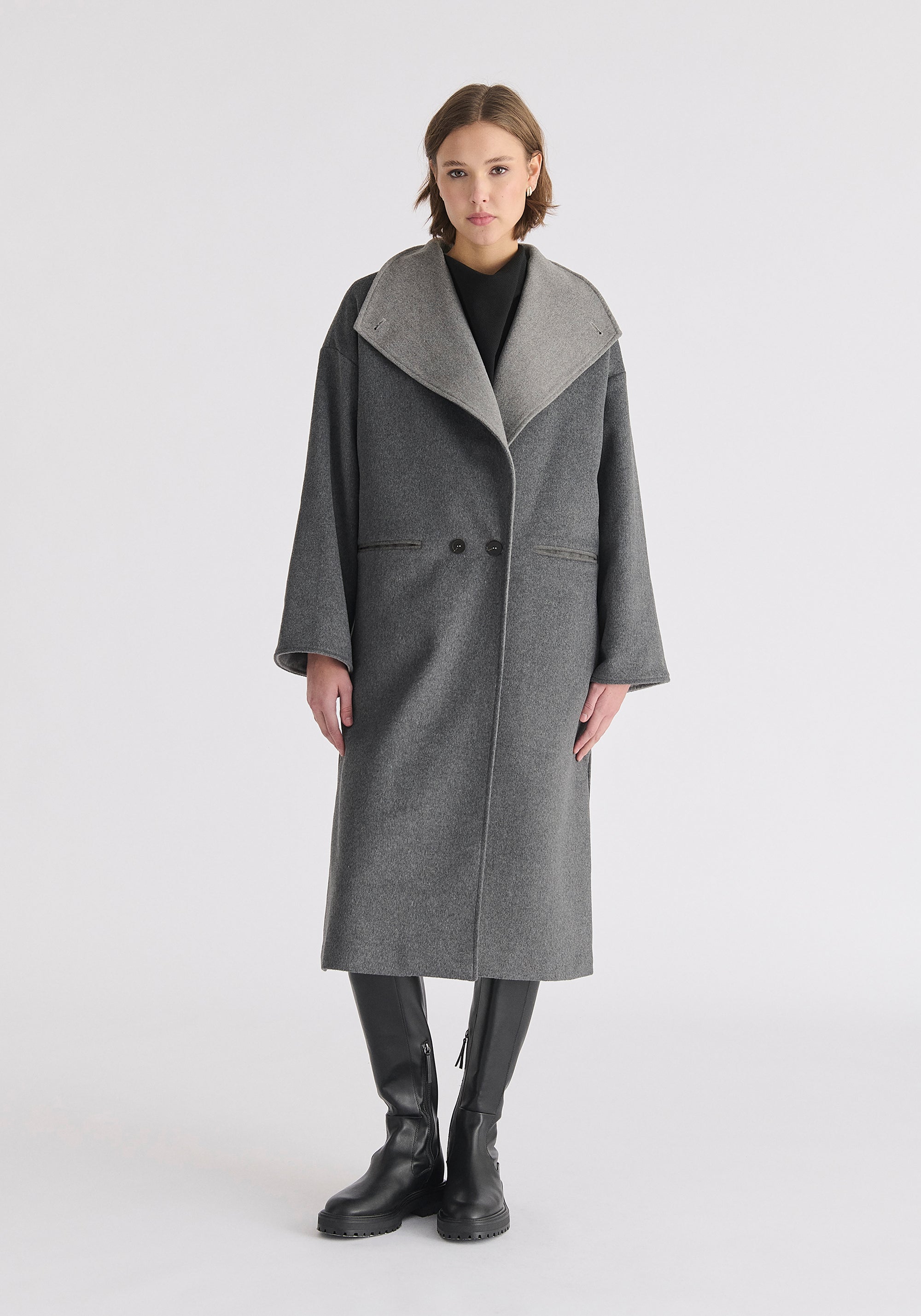 Two-Tone Double Breasted Wool Blend Coat in Grey