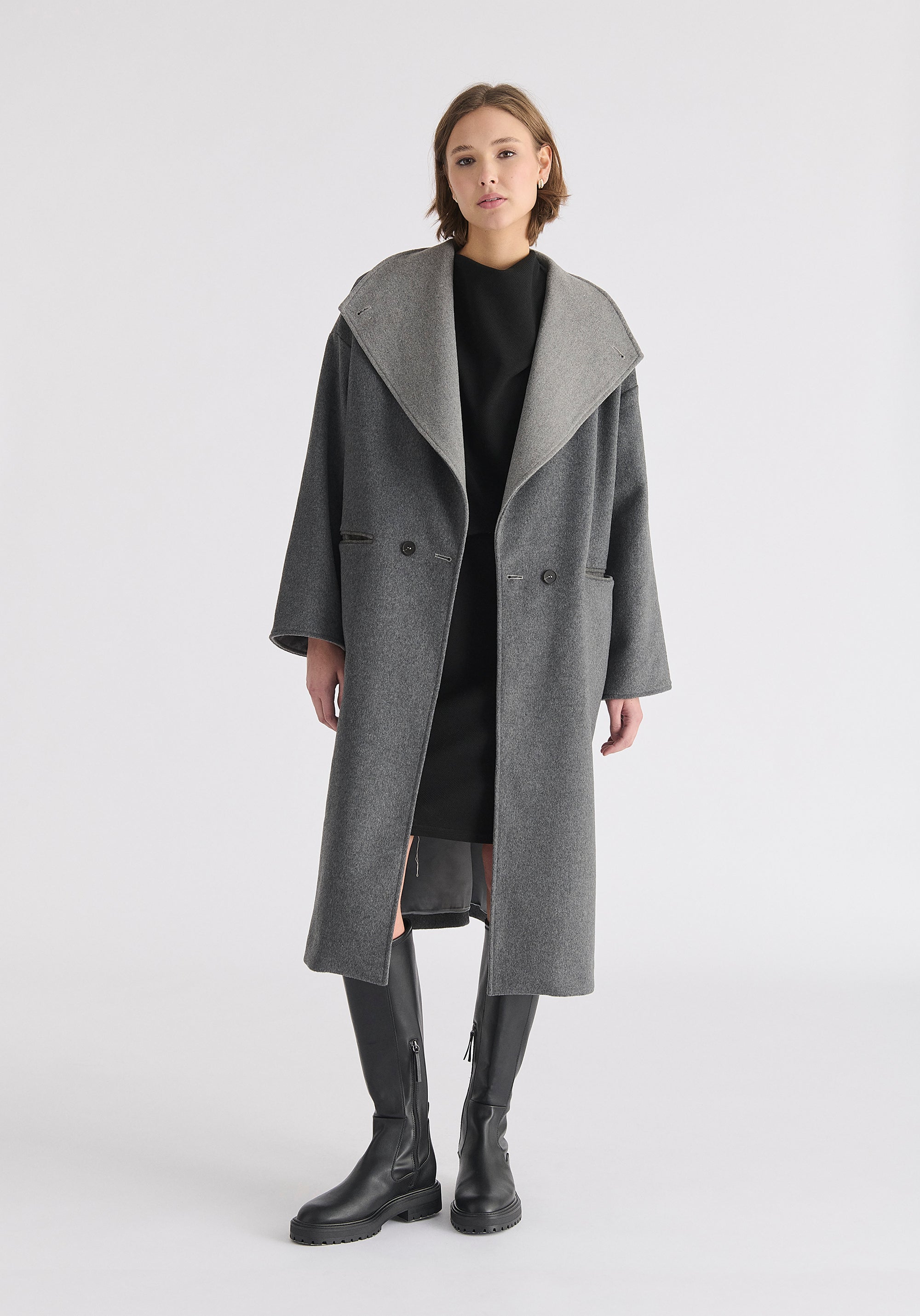 Two-Tone Double Breasted Wool Blend Coat in Grey Front