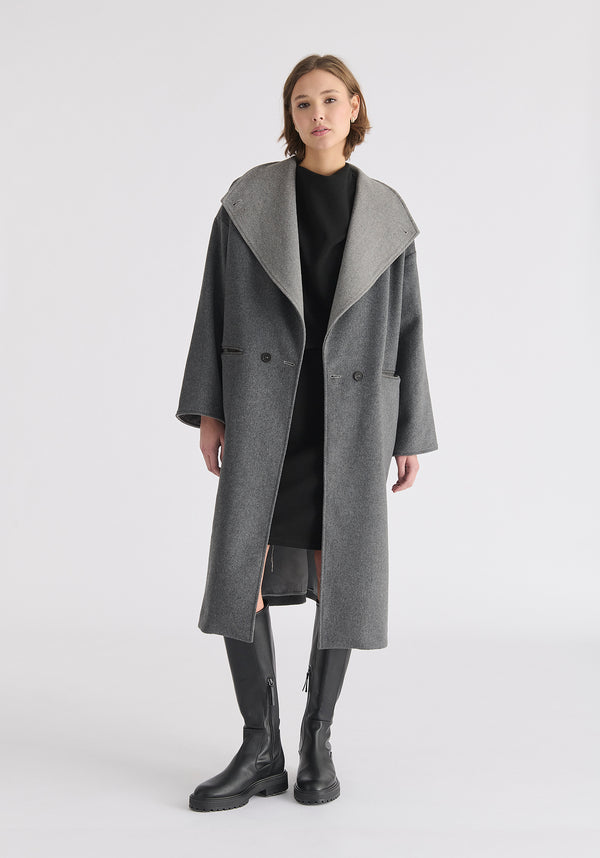 Two-Tone Double Breasted Wool Blend Coat in Grey Front