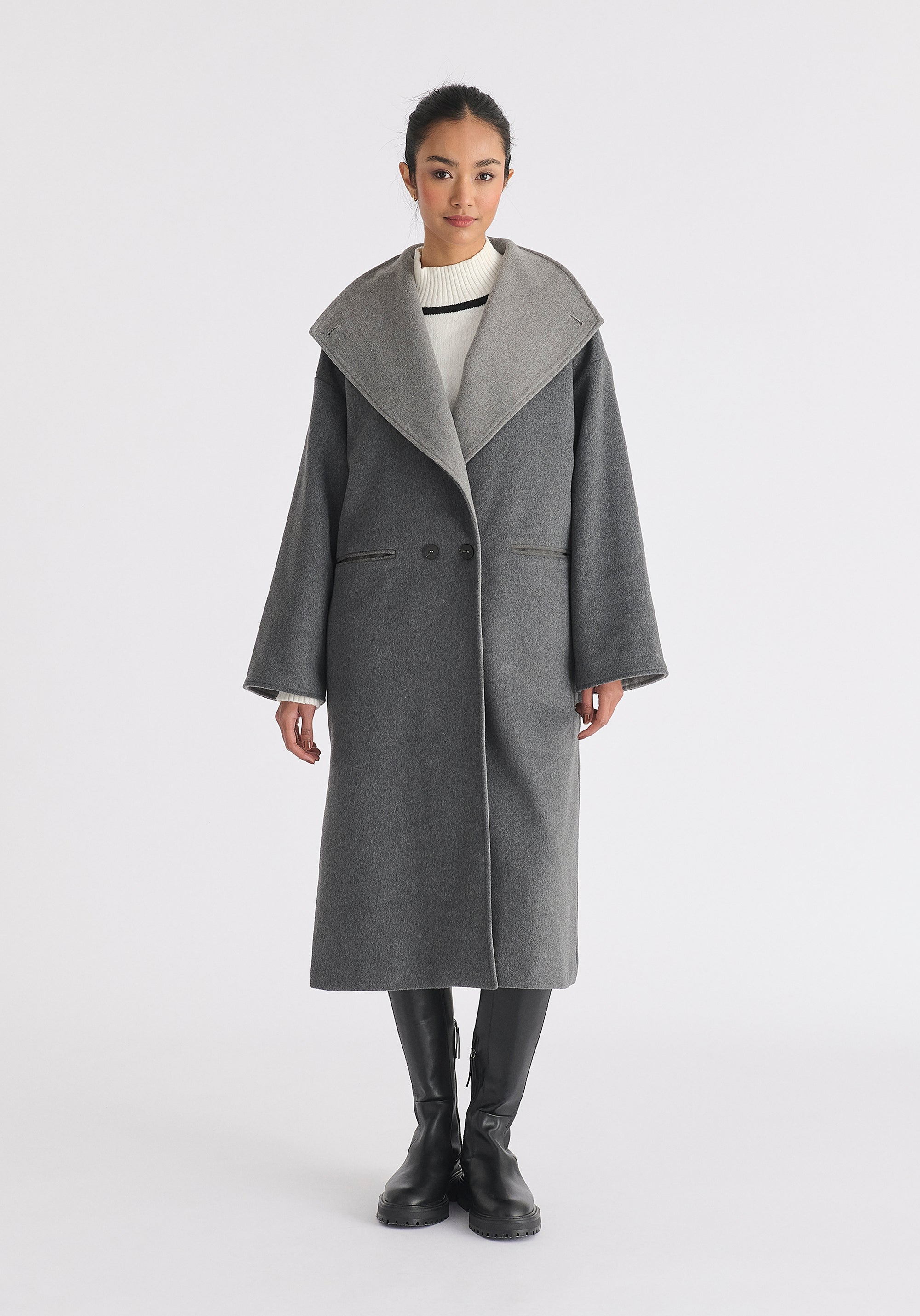 Two-Tone Double Breasted Wool Blend Coat in Grey Front