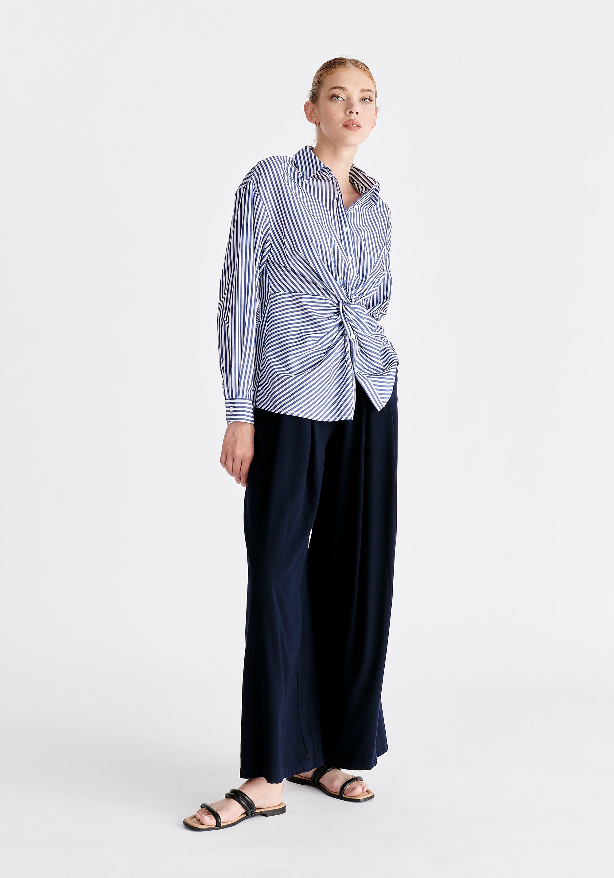 Twist Detail Shirt in Dark Blue and White