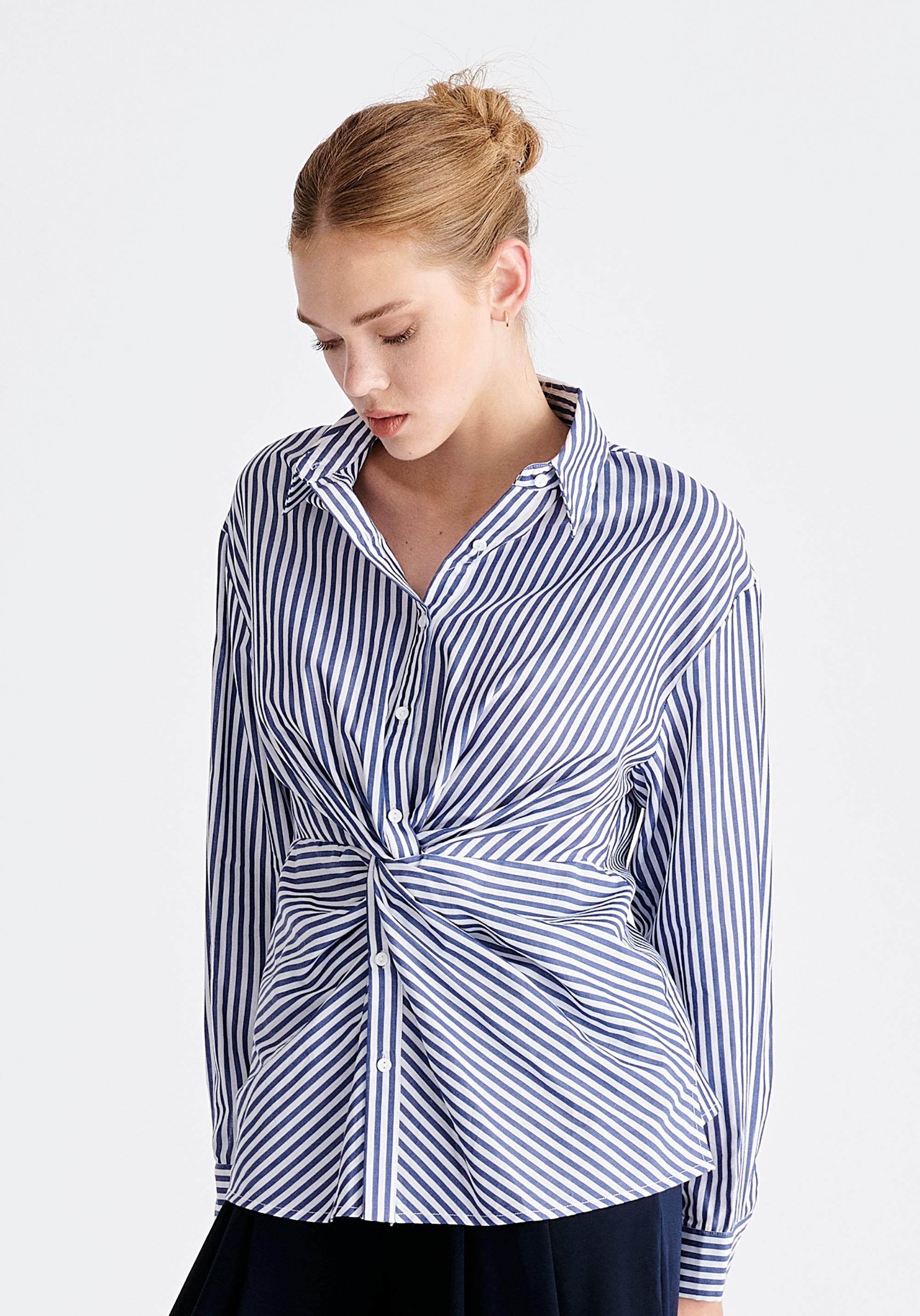 Twist Detail Shirt in Dark Blue and White