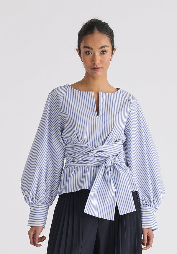 Striped Volume Sleeve Blouse with Matching Belt