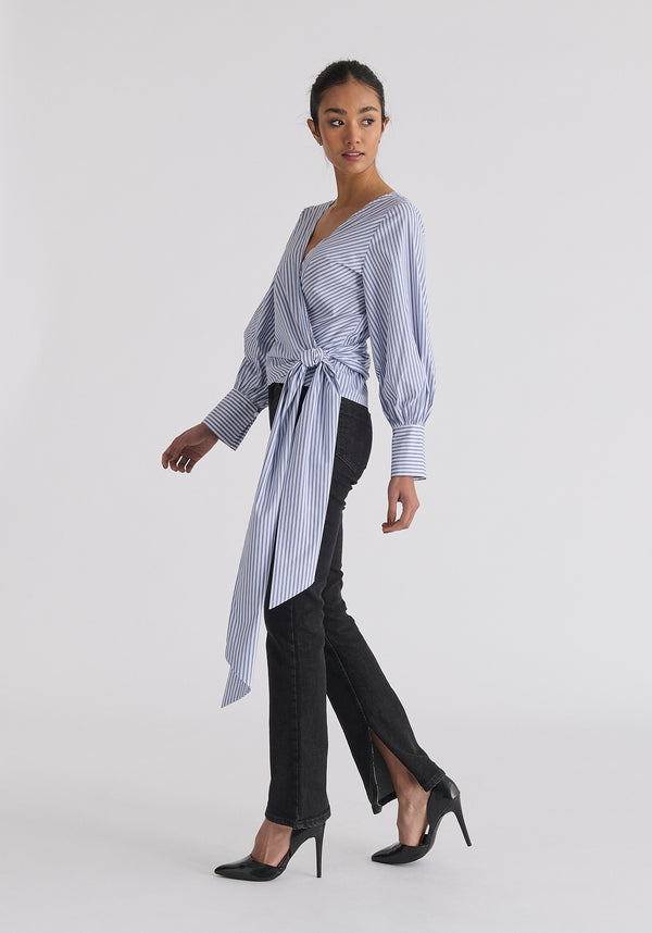 Striped Wrap Top with Waist Tie