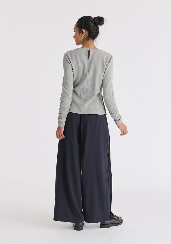 Wrap Top with Ruched Sleeve Detail in Marl Grey Back