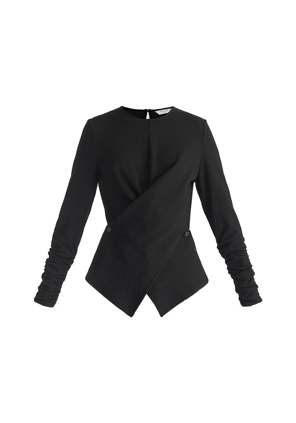Wrap Top with Ruched Sleeve Detail in Black Cut Out