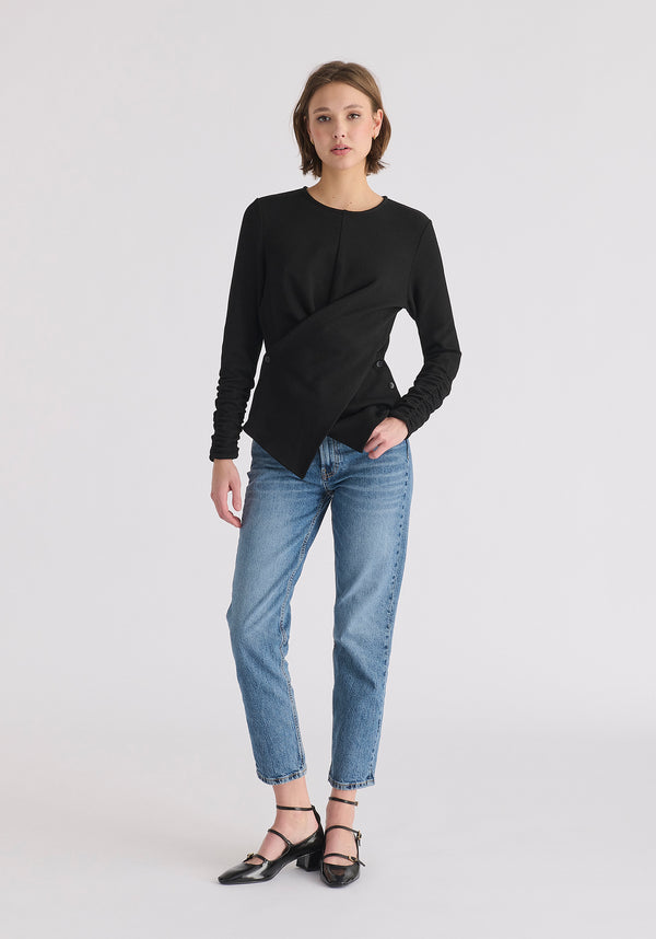 Wrap Top with Ruched Sleeve Detail in Black Front