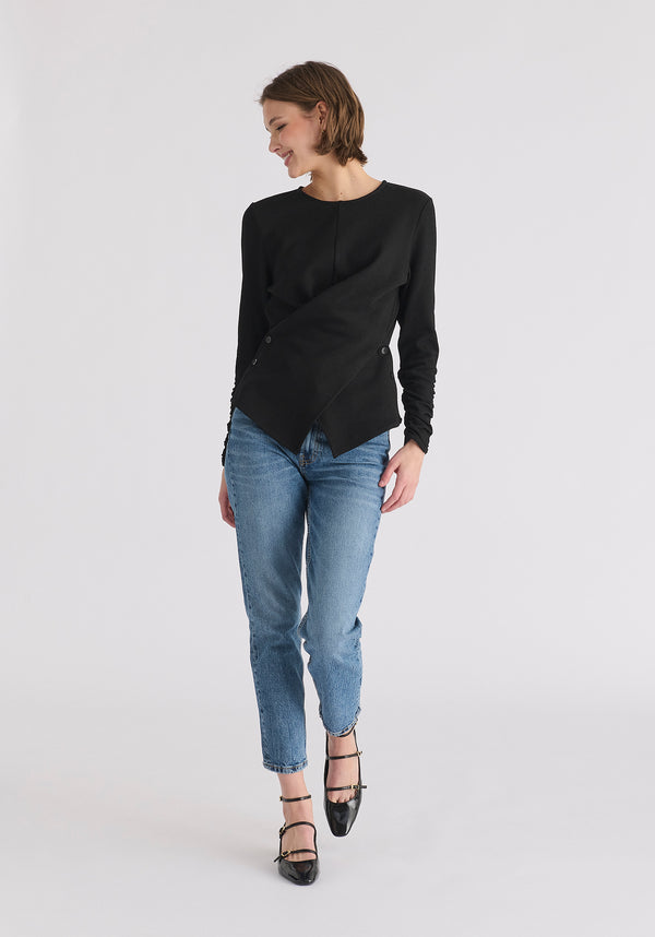 Wrap Top with Ruched Sleeve Detail in Black Front