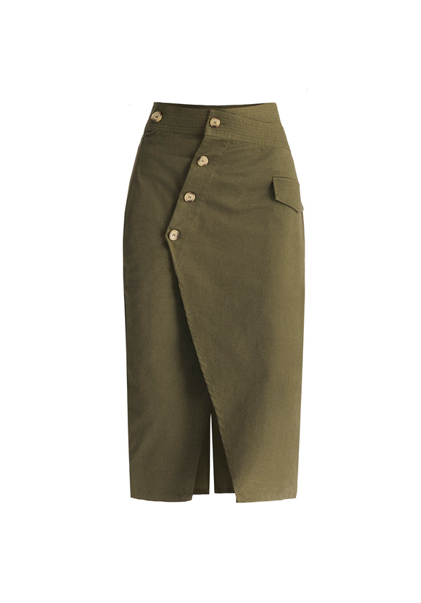 Asymmetric Midi Skirt with Button Details Cut Out