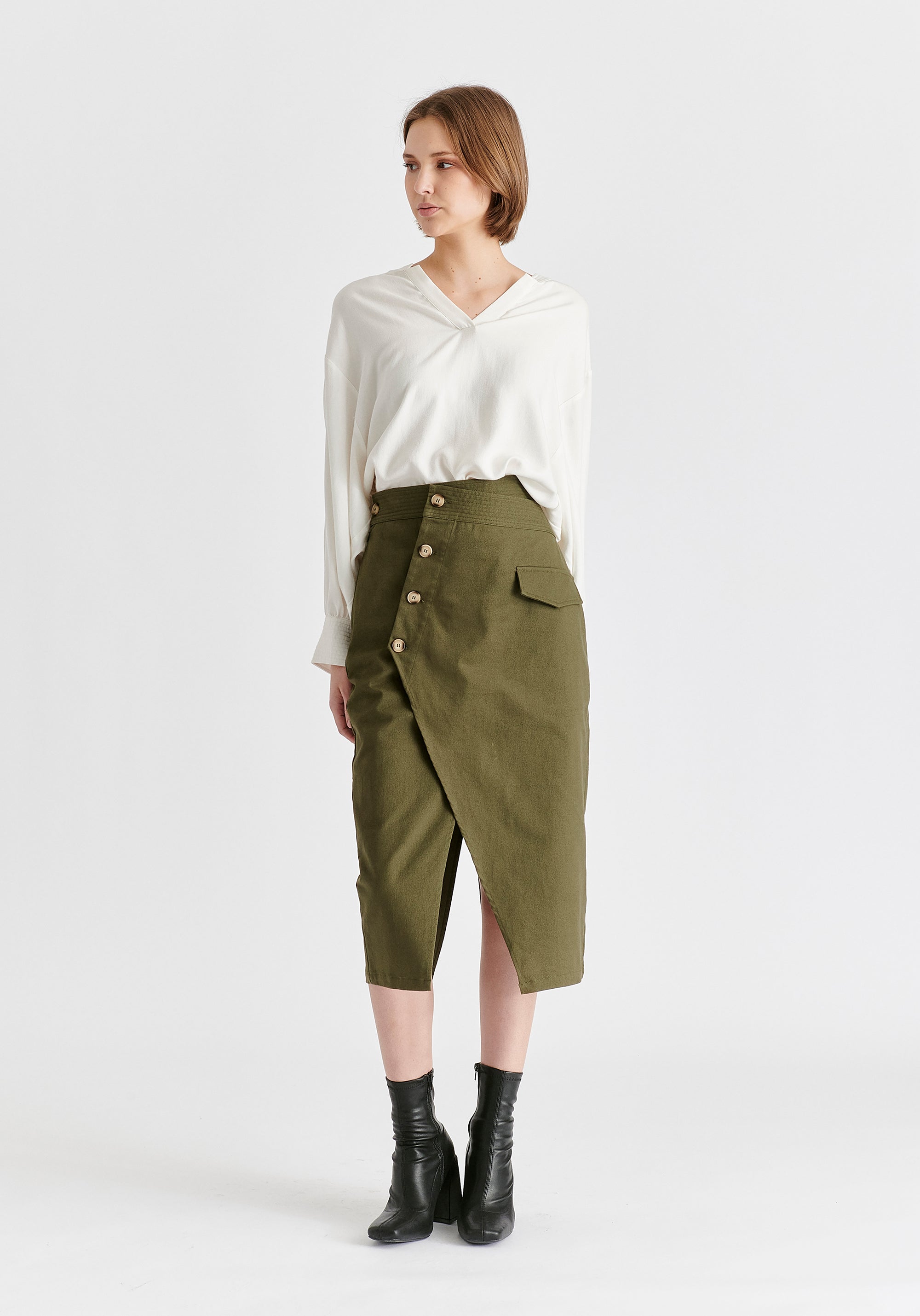 Asymmetric Midi Skirt with Button Details Front