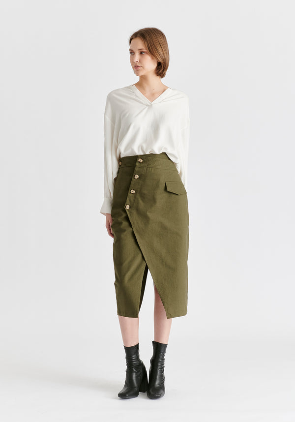 Asymmetric Midi Skirt with Button Details Front
