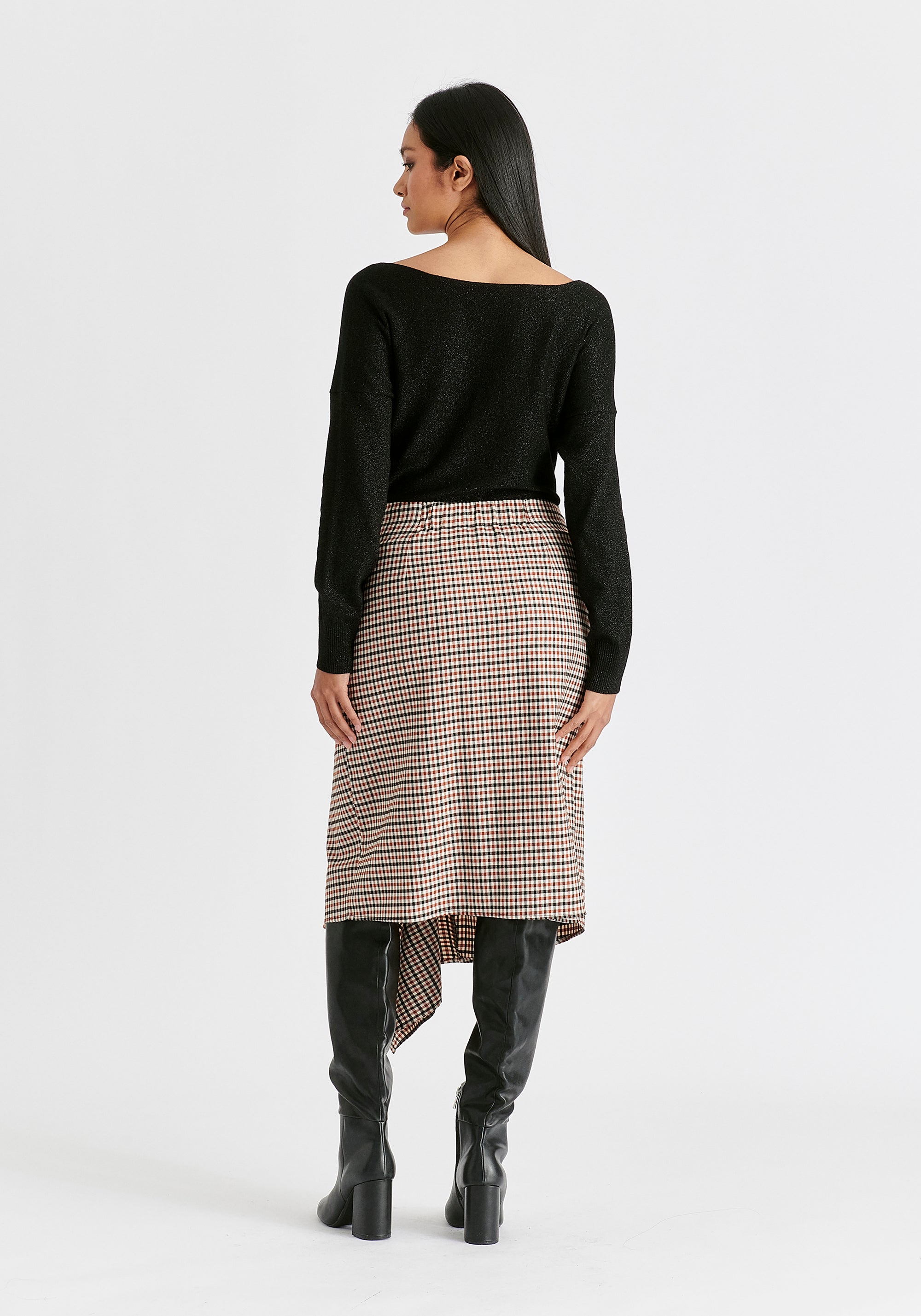 Draped Check Skirt in Red, White and Black Back