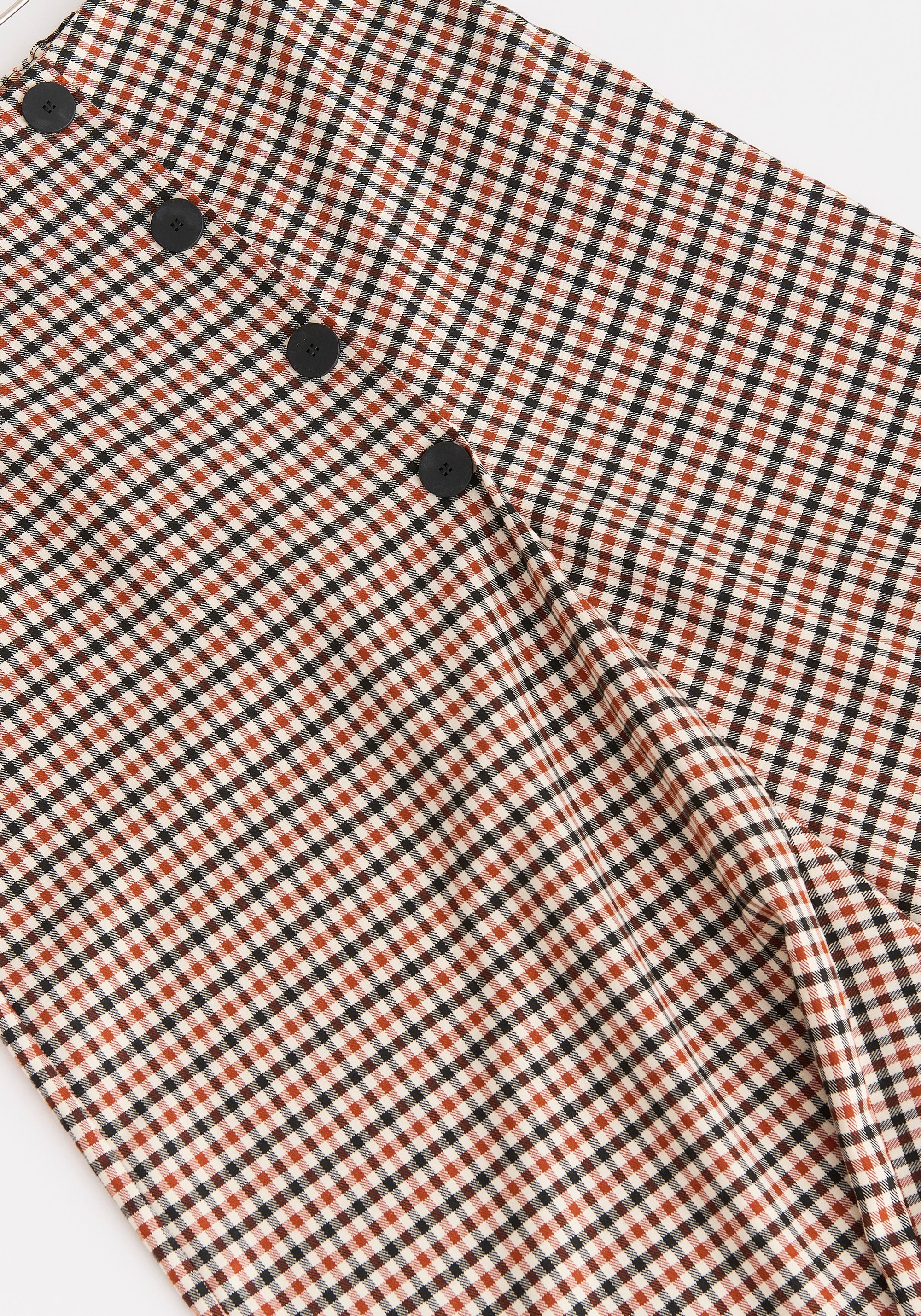 Draped Check Skirt in Red, White and Black Close Up