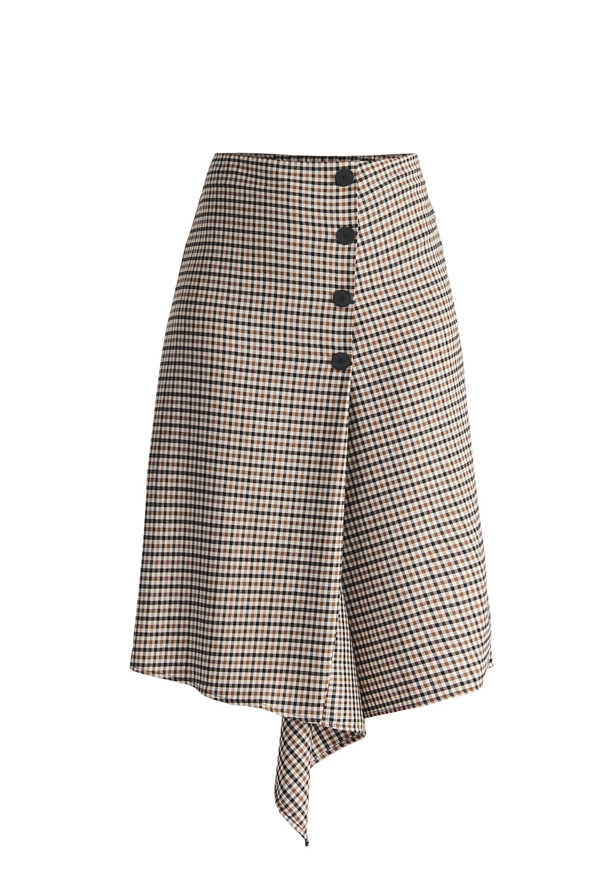 Draped Check Skirt in Brown, White and Black Cut Out