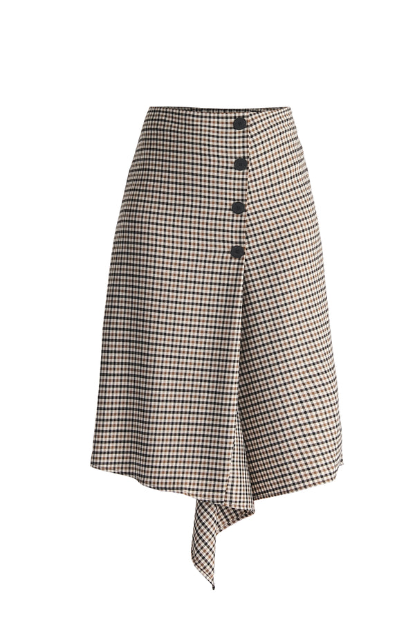 Draped Check Skirt in Brown, White and Black Cut Out