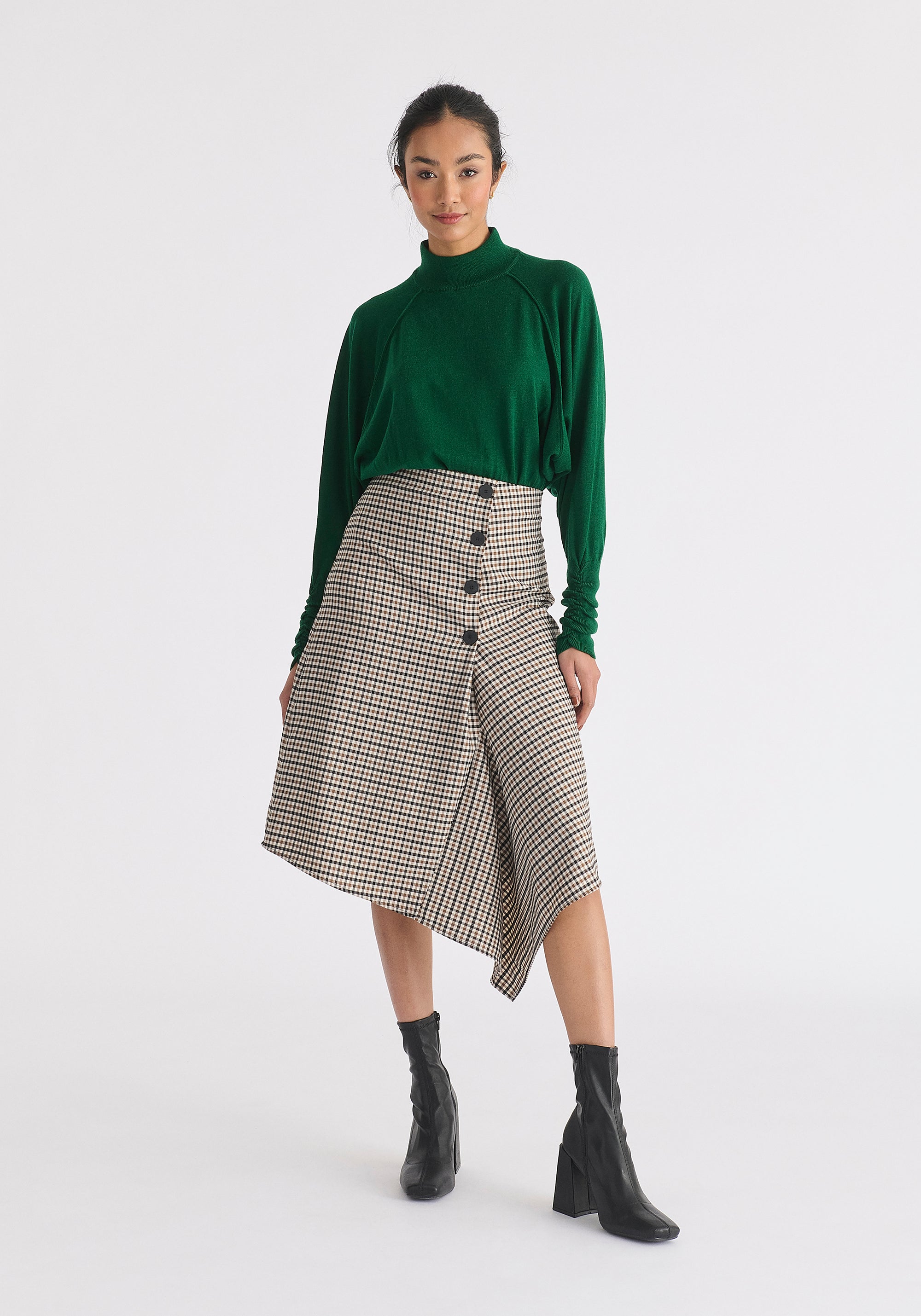 Draped Check Skirt in Brown, White and Black Front