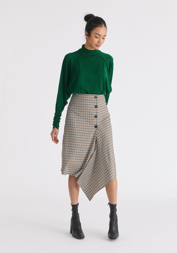 Draped Check Skirt in Brown, White and Black Front