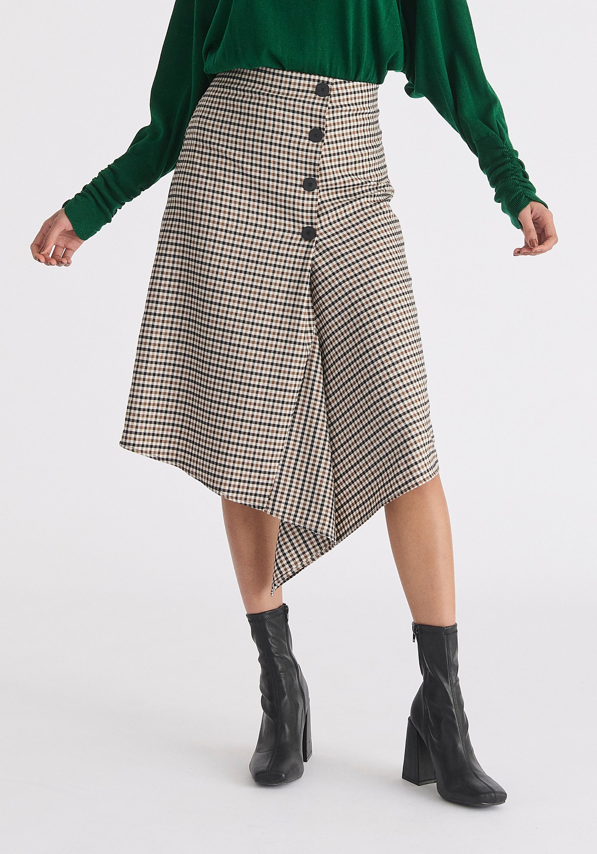 Draped Check Skirt in Brown, White and Black