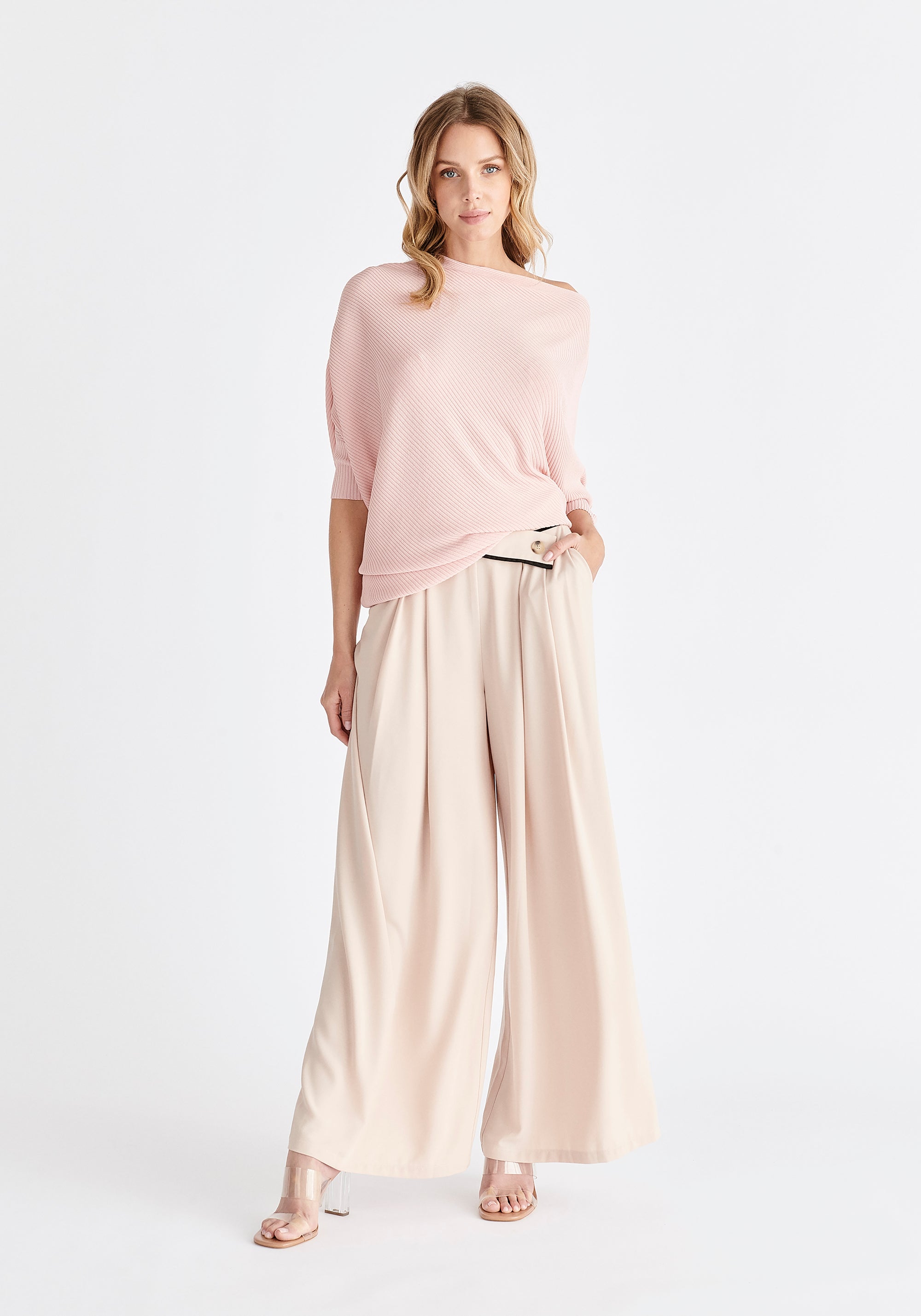 Asymmetric Waistband Trousers in Beige and Black