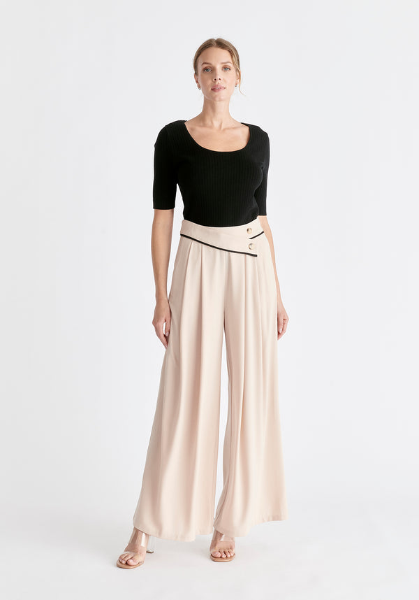Asymmetric Waistband Trousers in Beige and Black