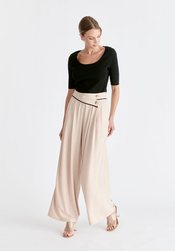 Asymmetric Waistband Trousers in Beige and Black