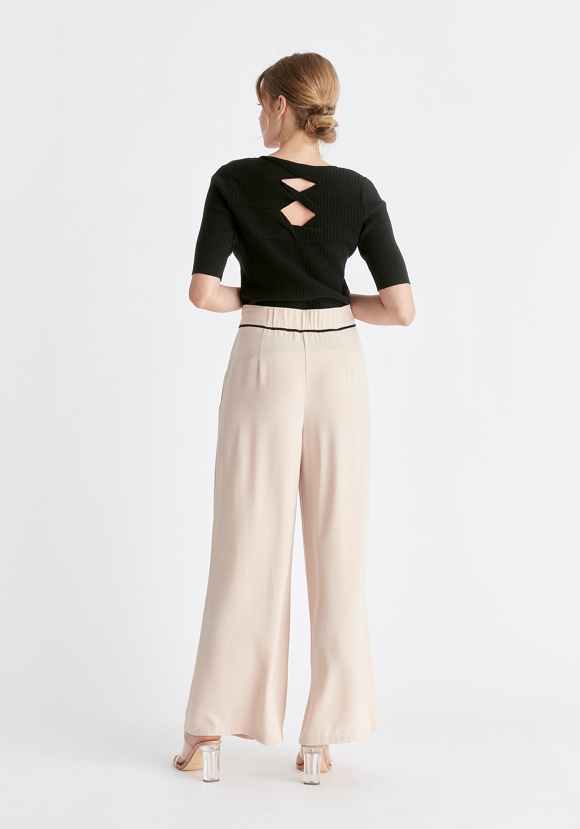 Asymmetric Waistband Trousers in Beige and Black