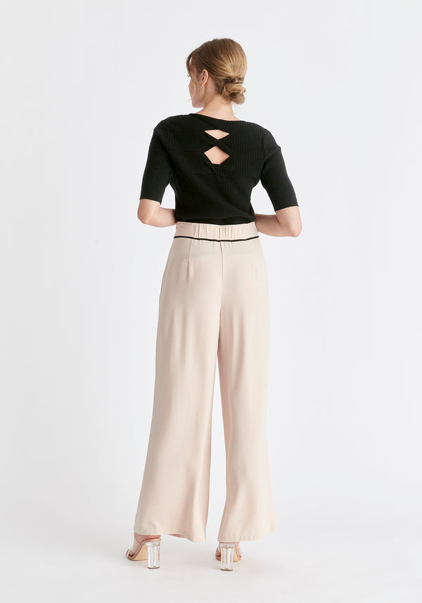 Asymmetric Waistband Trousers in Beige and Black