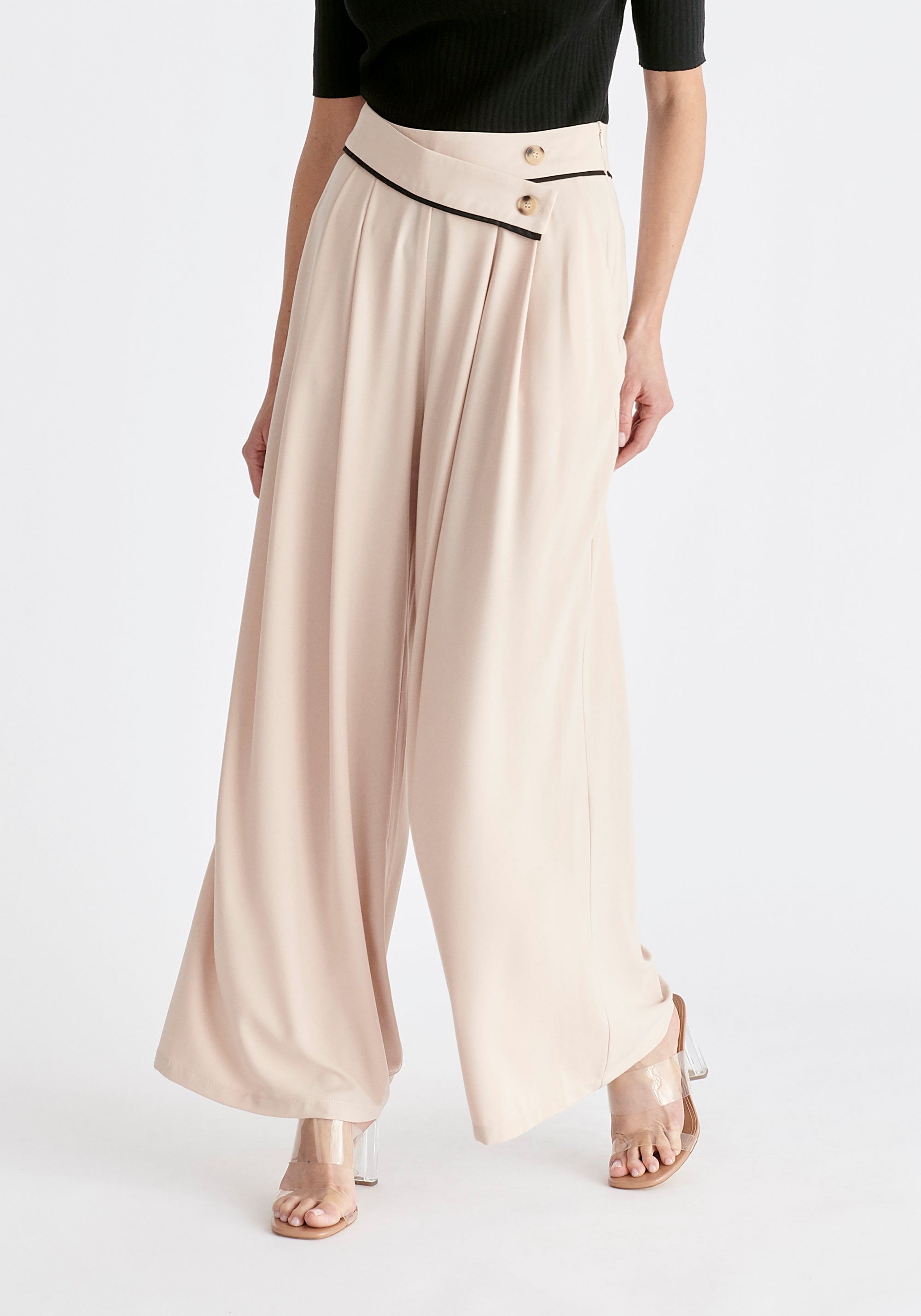 Asymmetric Waistband Trousers in Beige and Black